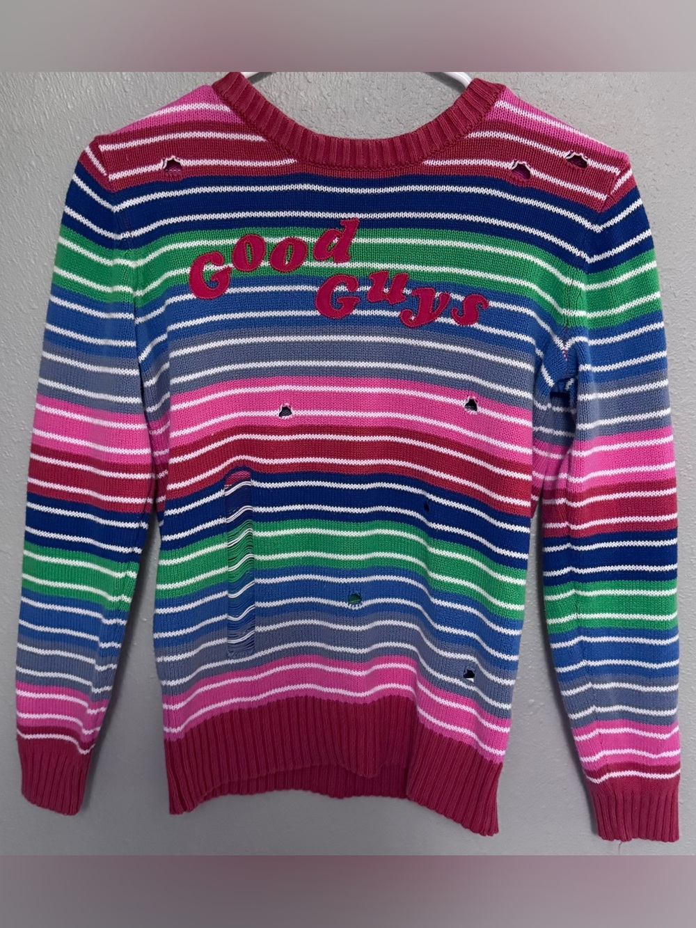 Striped 'Good Guys' Crewneck Sweater in Pink, Green & Blue, Youth Size XL